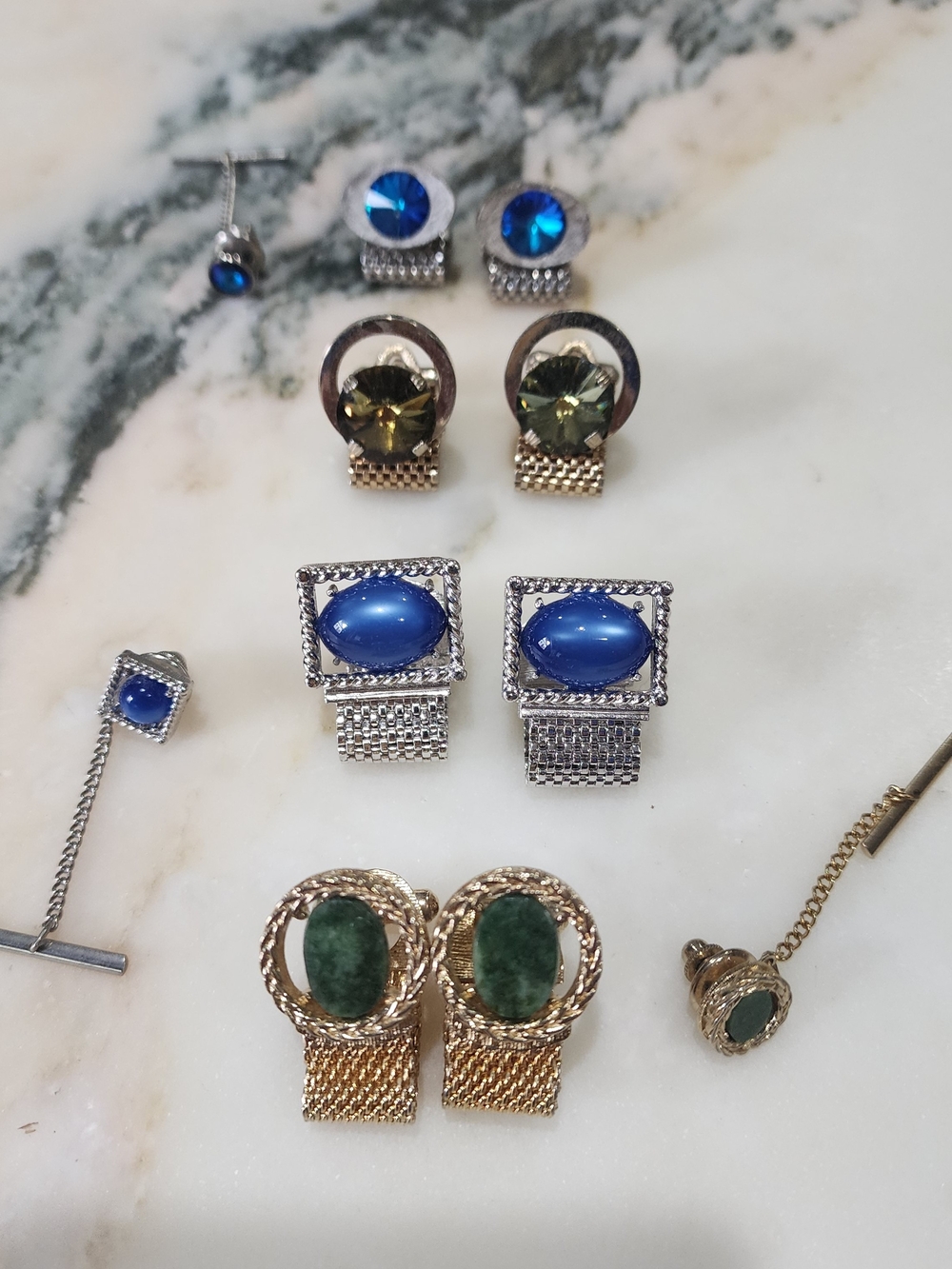 Vintage Mid-Century Men's Cufflinks Lot Mesh Wrap Styles 4 Sets + 3 Tie Tacks